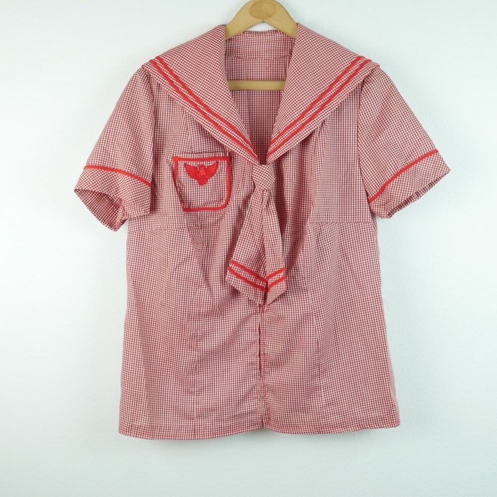 Vintage Sailor Collar Top Red Gingham Zip Front Nautical Handmade Cosplay L XL